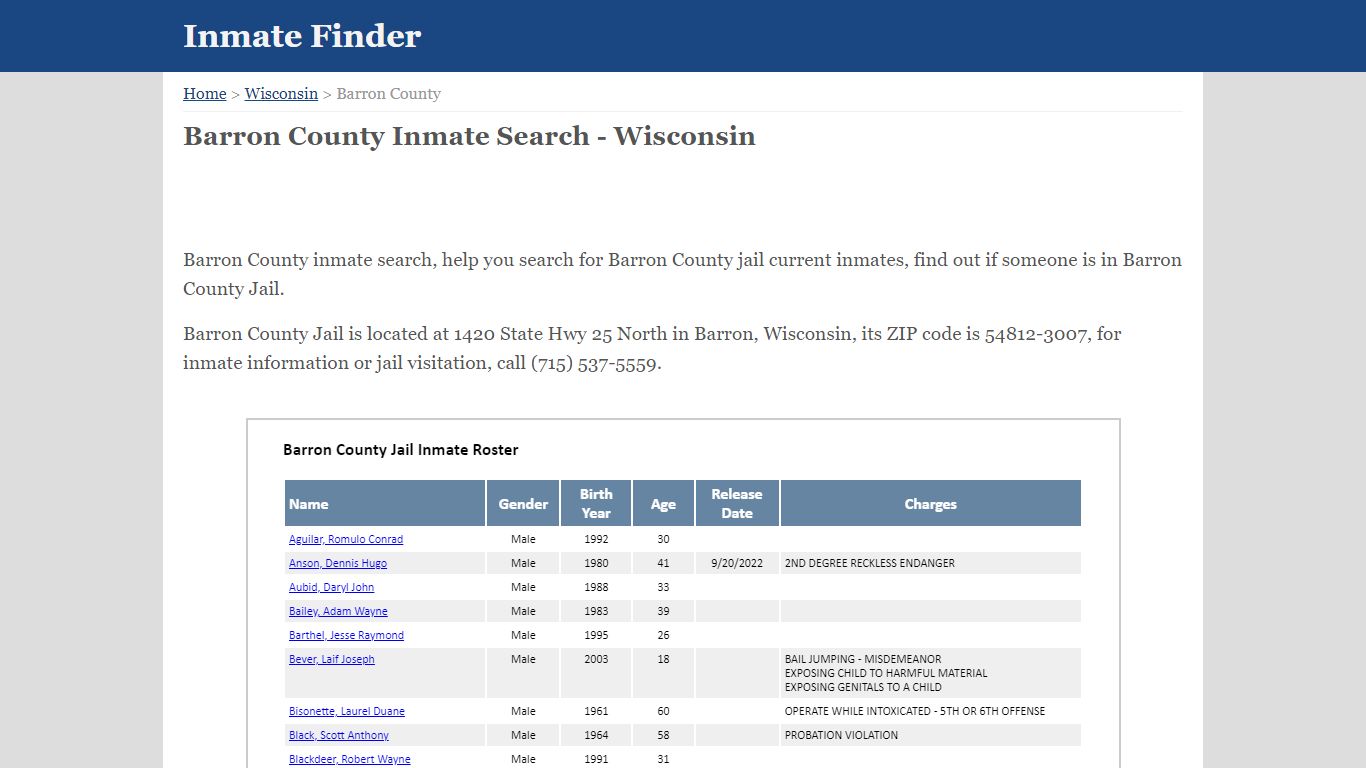 Barron County Wisconsin Jail Inmate Finder